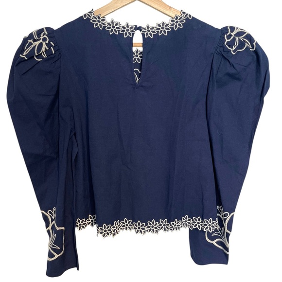 Express Blue Top Puff Sleeve Blouse Bohemian Embroidered Floral Size Small - Picture 8 of 13